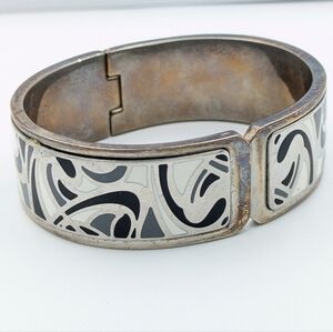 Vintage inlaid enamel design heavy metal hinge cuff bangle bracelet